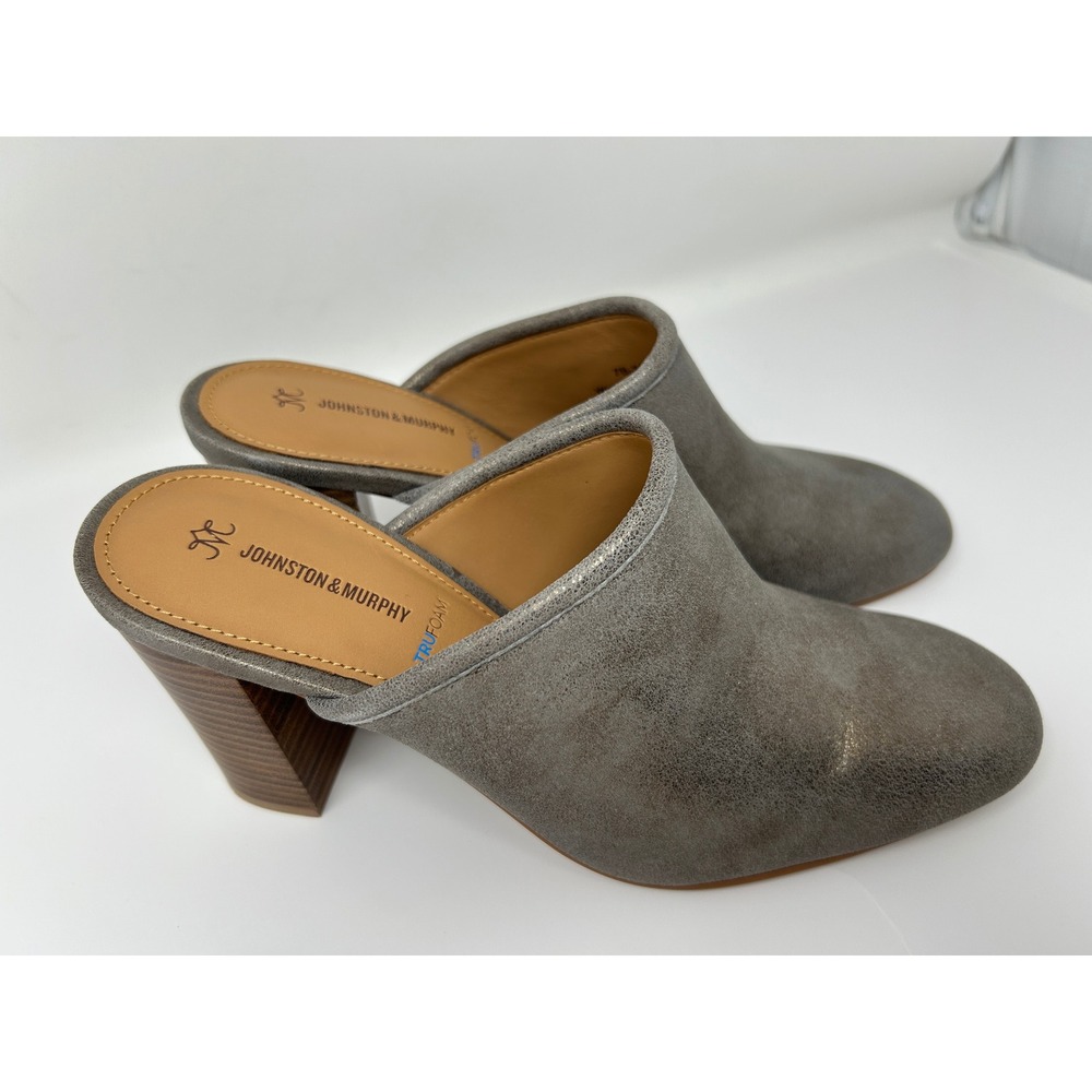 Johnston & Murphy Trufoam Mules Metallic Pewter Grey Block Heel Shoes Size 8M